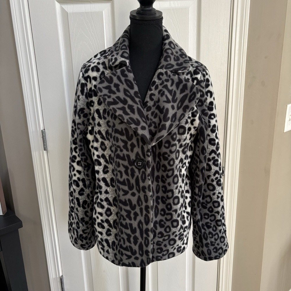 Womens Susan Graver Snow Leopard Print Fleece Jacket Single Button Lapel Sz LGE